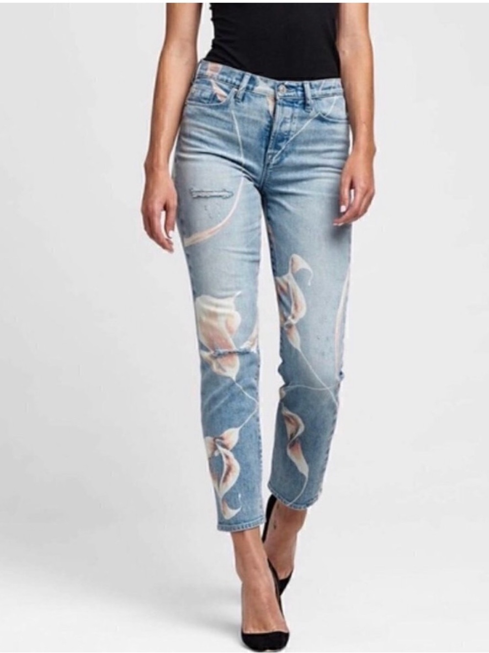 Hudson Jeans Light Blue Floral-Print Cropped Ankle Jeans